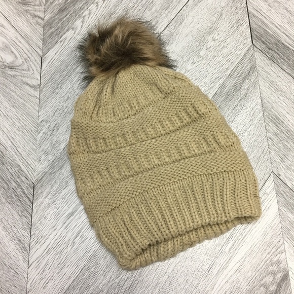 NEW! Fur Lined Knit Pom Pom Beanie in Beige - Picture 6 of 7